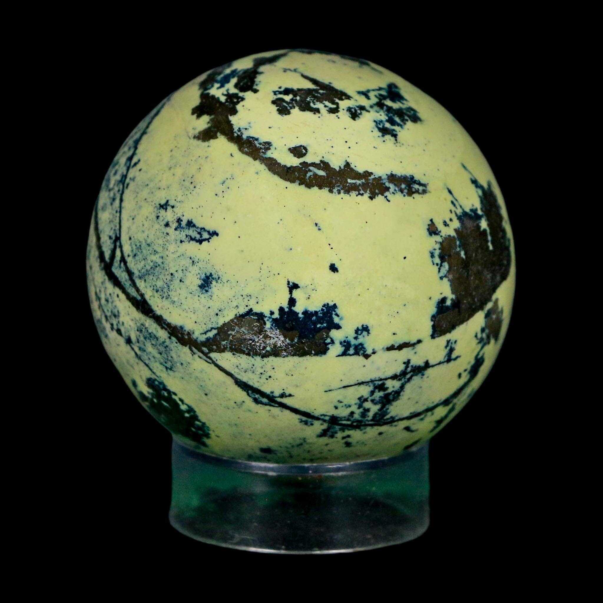 XL 51MM Natural Green & Yellow Serpentine Pyrite Sphere Ball Orb Peru Stand - Fossil Age Minerals