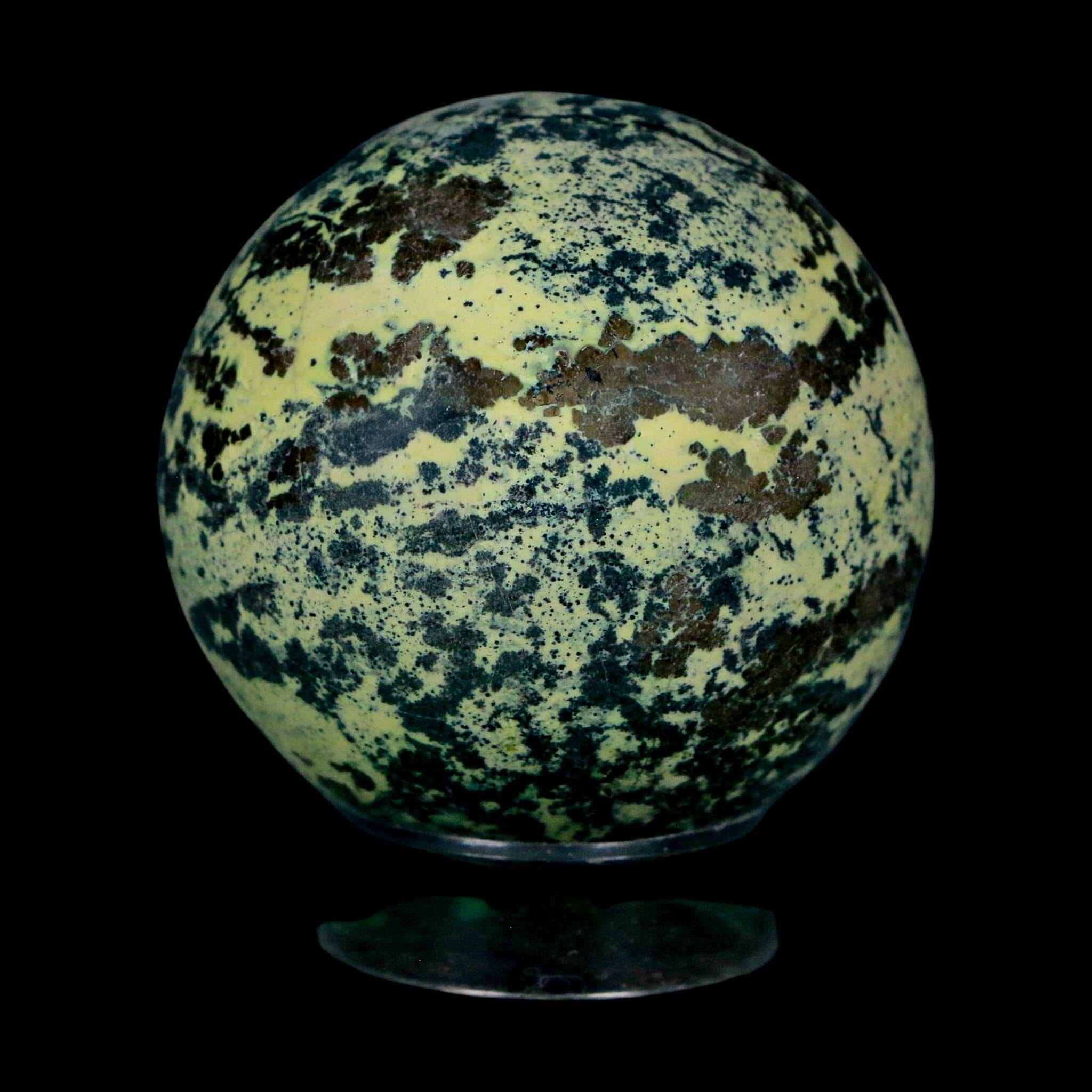XL 52MM Natural Green & Yellow Serpentine Pyrite Sphere Ball Orb Peru Stand - Fossil Age Minerals