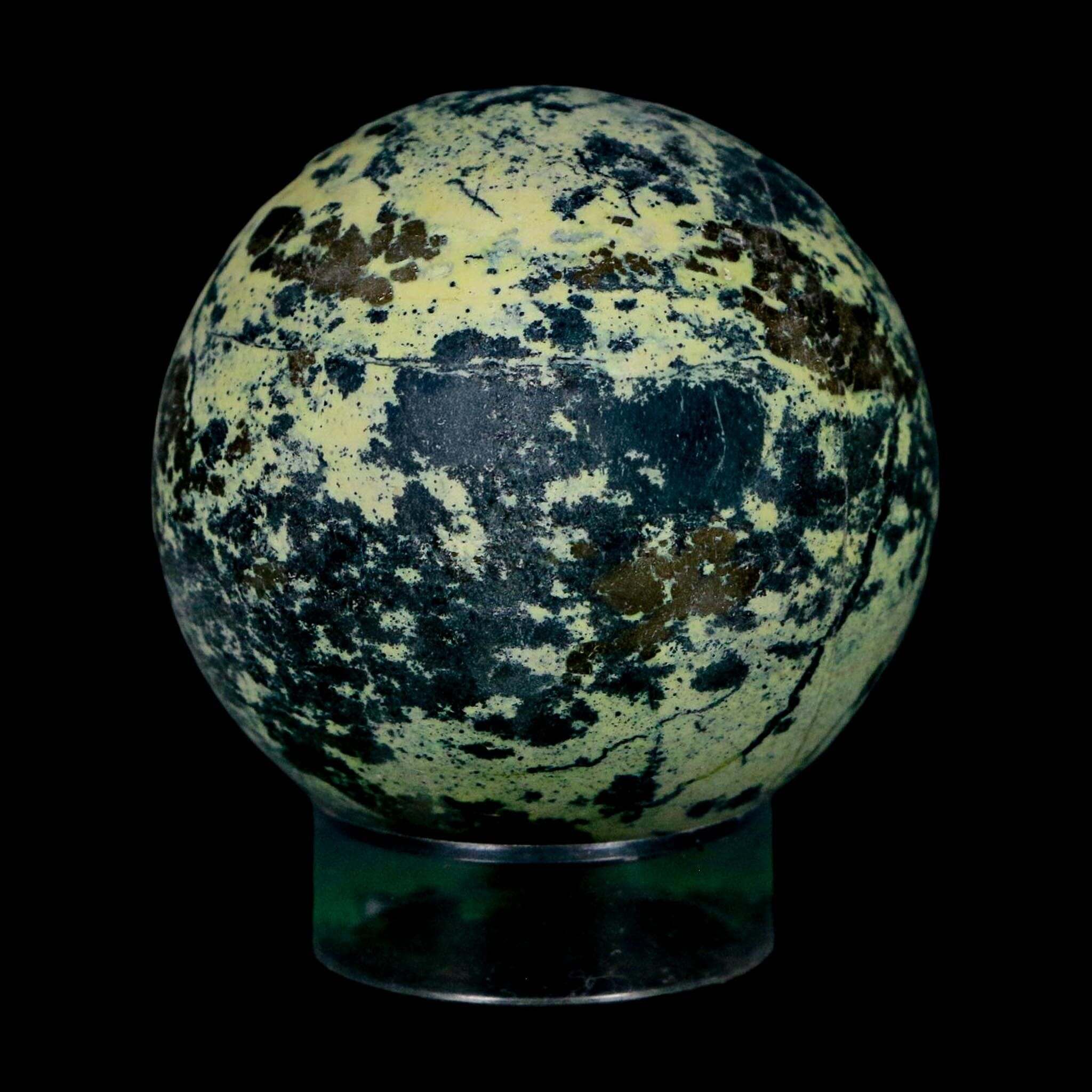 XL 52MM Natural Green & Yellow Serpentine Pyrite Sphere Ball Orb Peru Stand - Fossil Age Minerals