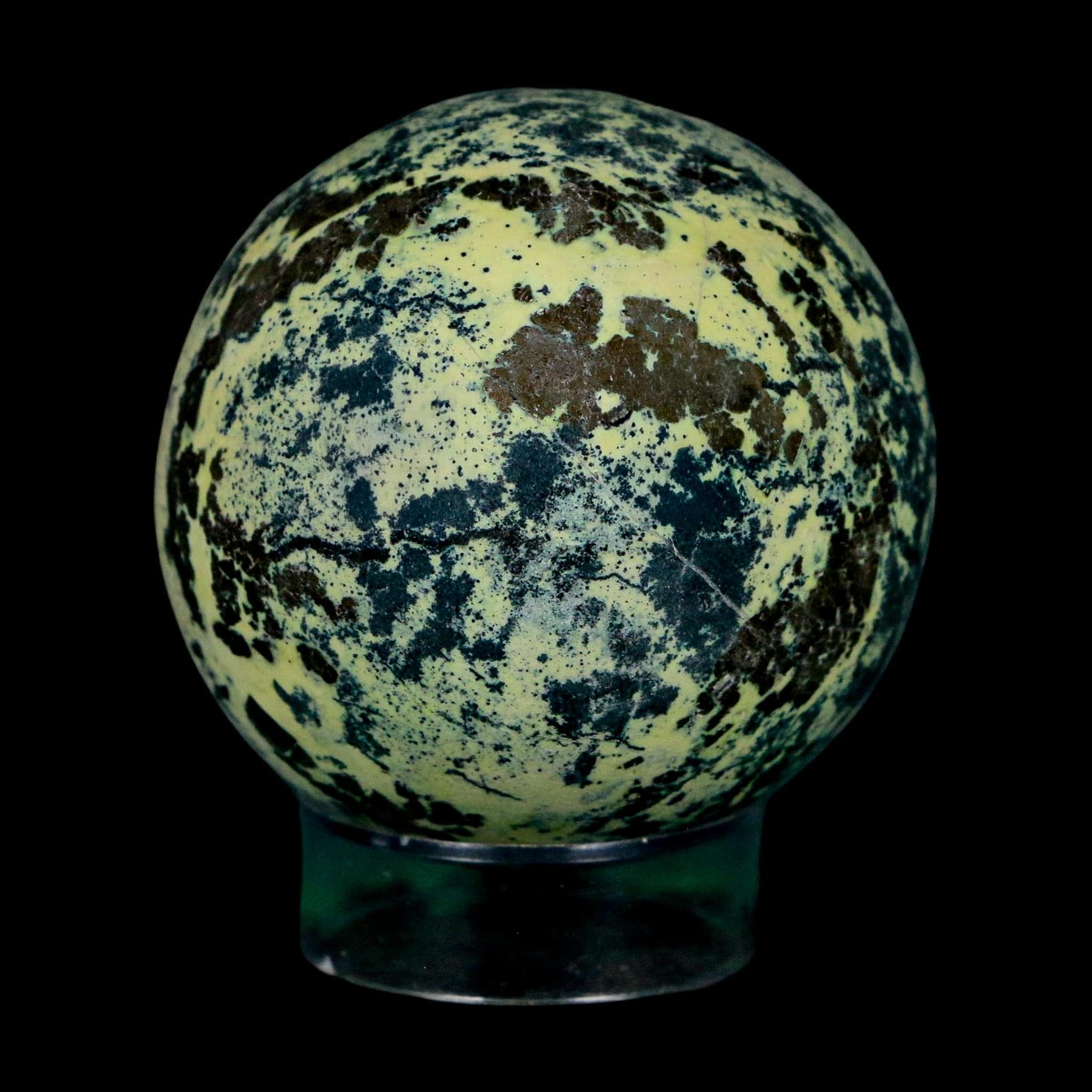 XL 52MM Natural Green & Yellow Serpentine Pyrite Sphere Ball Orb Peru Stand - Fossil Age Minerals