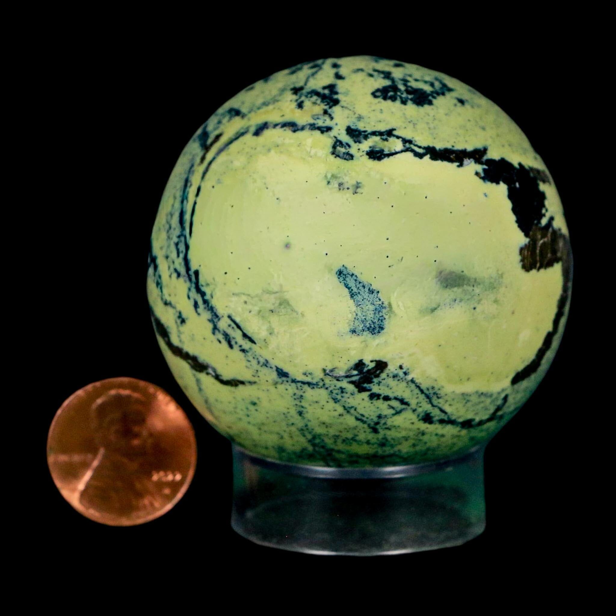 XL 52MM Natural Green & Yellow Serpentine Pyrite Sphere Ball Orb Peru Stand - Fossil Age Minerals