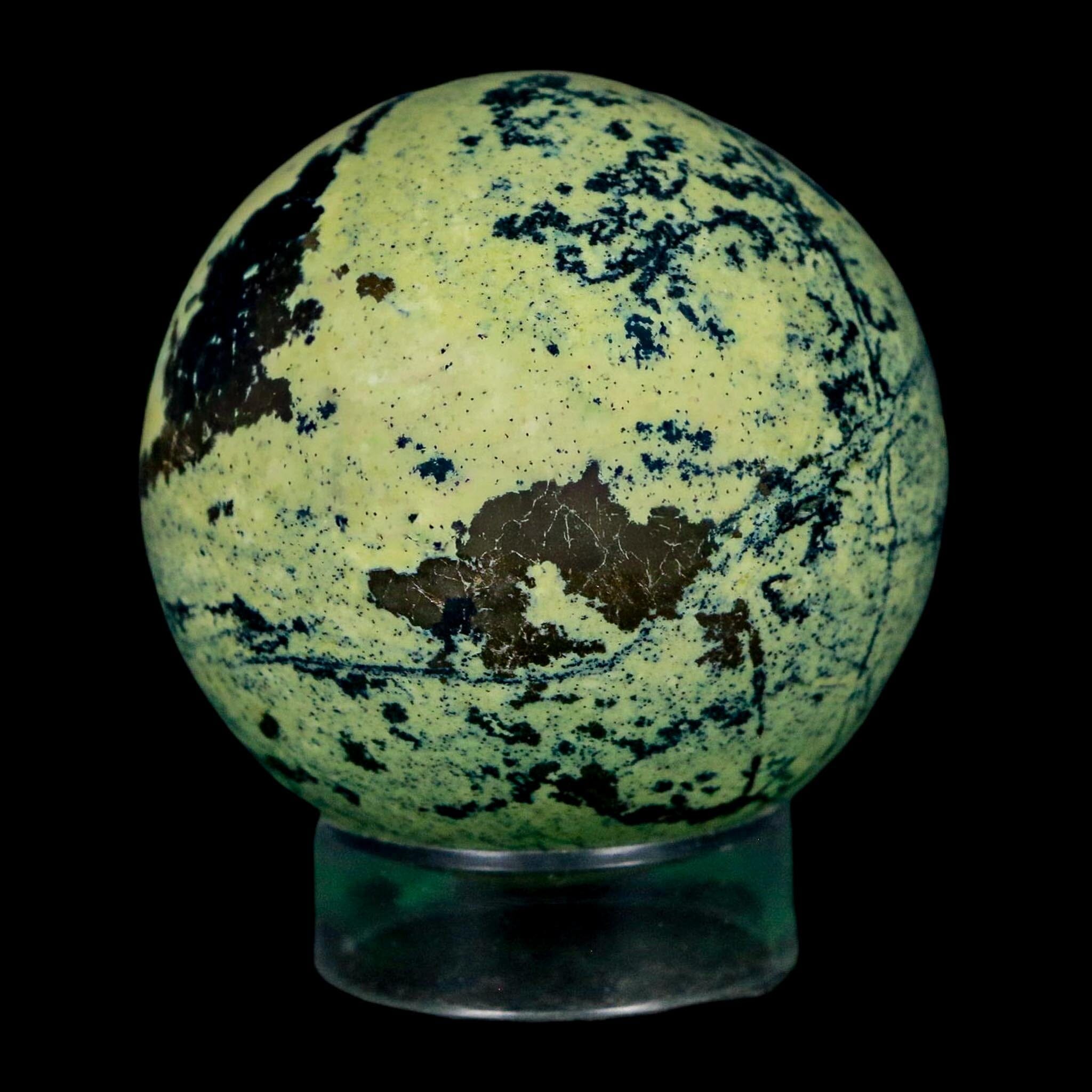 XL 52MM Natural Green & Yellow Serpentine Pyrite Sphere Ball Orb Peru Stand - Fossil Age Minerals