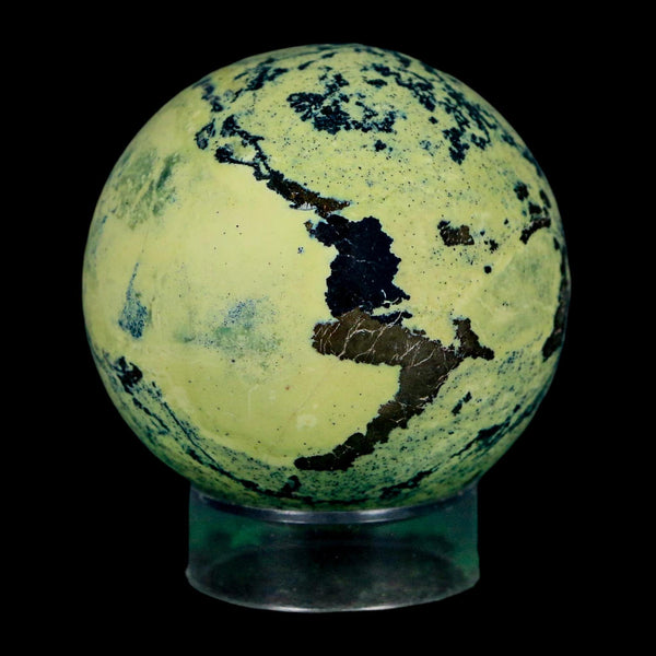 XL 52MM Natural Green & Yellow Serpentine Pyrite Sphere Ball Orb Peru Stand