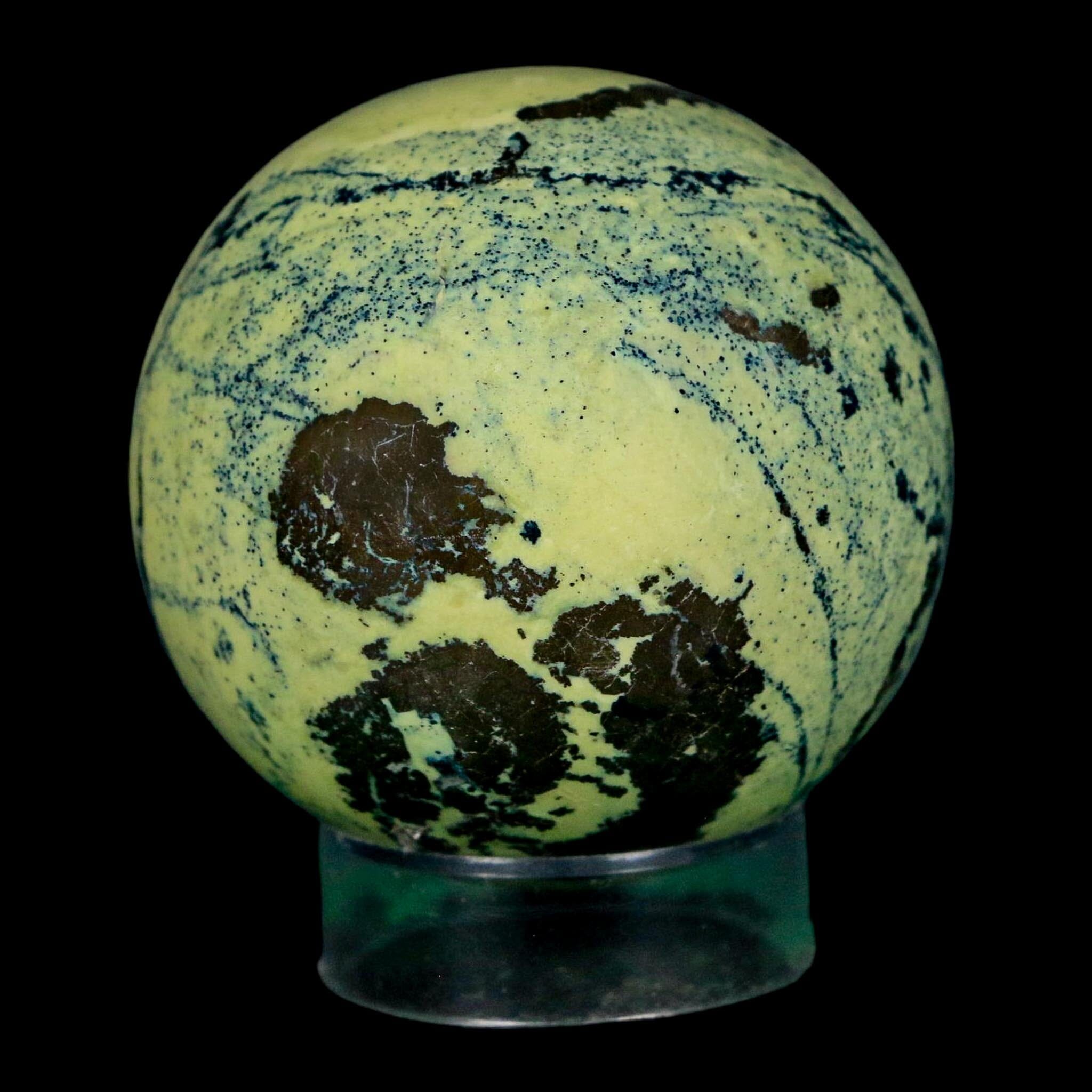XL 52MM Natural Green & Yellow Serpentine Pyrite Sphere Ball Orb Peru Stand - Fossil Age Minerals