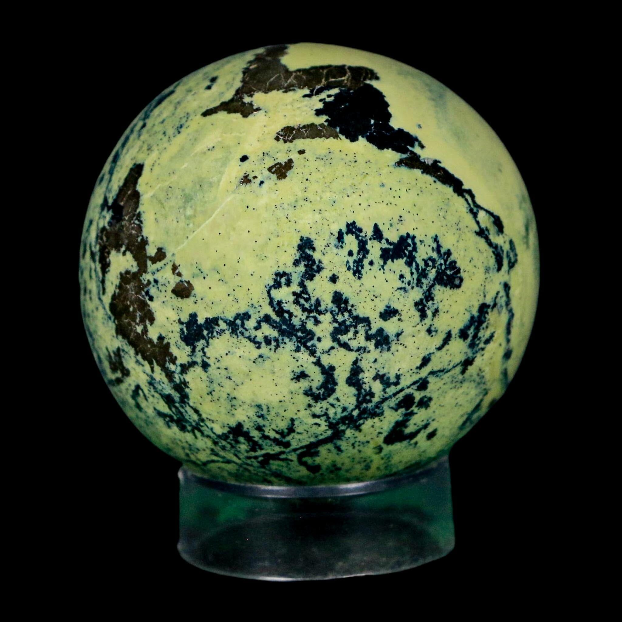 XL 52MM Natural Green & Yellow Serpentine Pyrite Sphere Ball Orb Peru Stand - Fossil Age Minerals