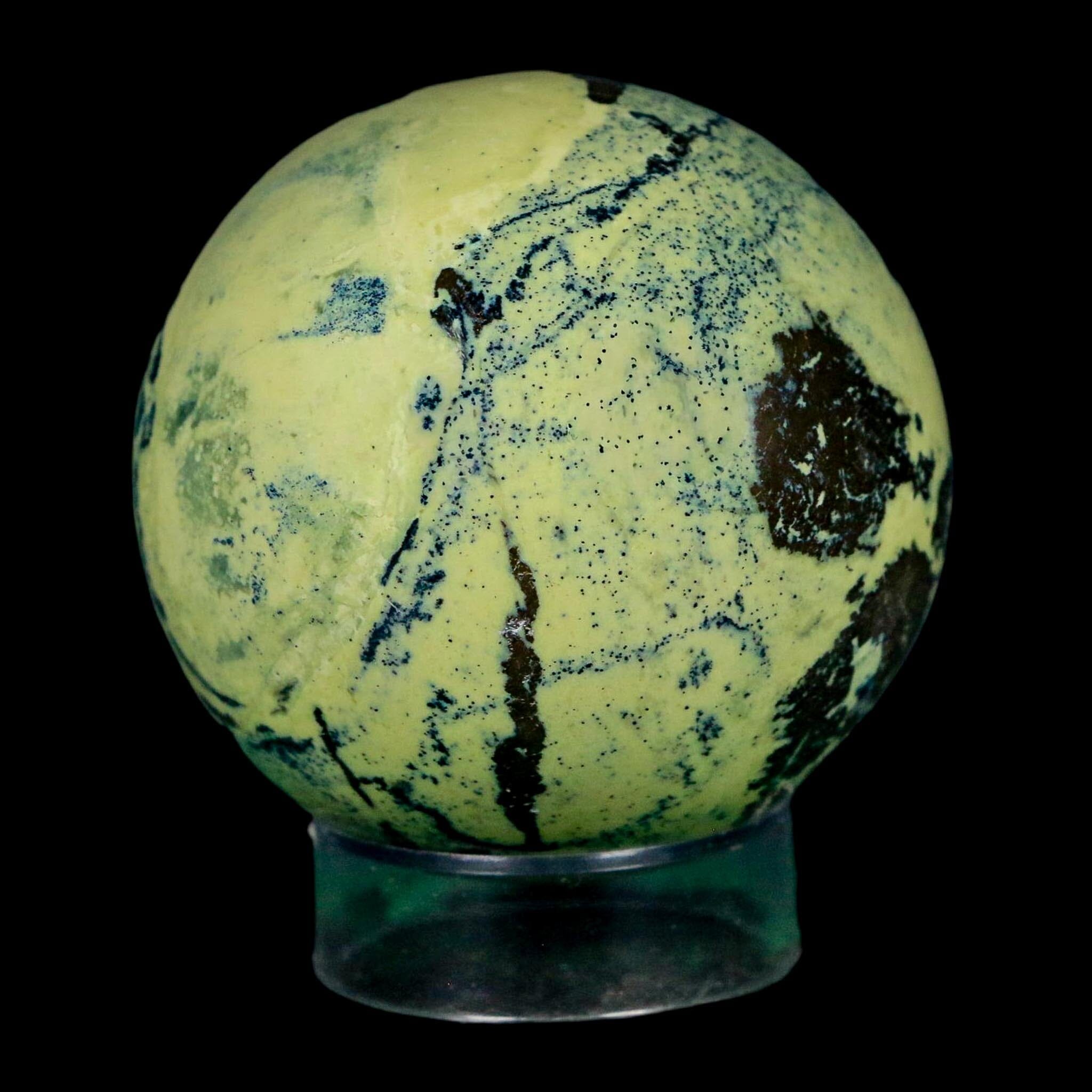 XL 52MM Natural Green & Yellow Serpentine Pyrite Sphere Ball Orb Peru Stand - Fossil Age Minerals