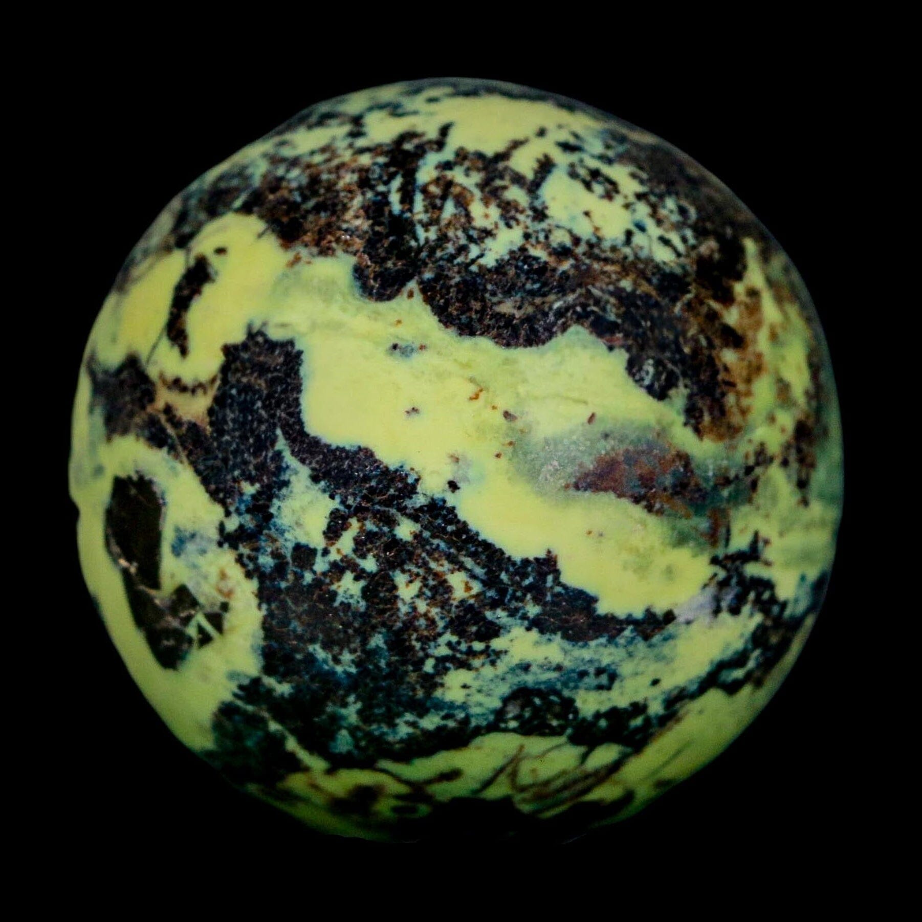 47MM Natural Green & Yellow Serpentine Pyrite Sphere Ball Orb Peru Stand - Fossil Age Minerals