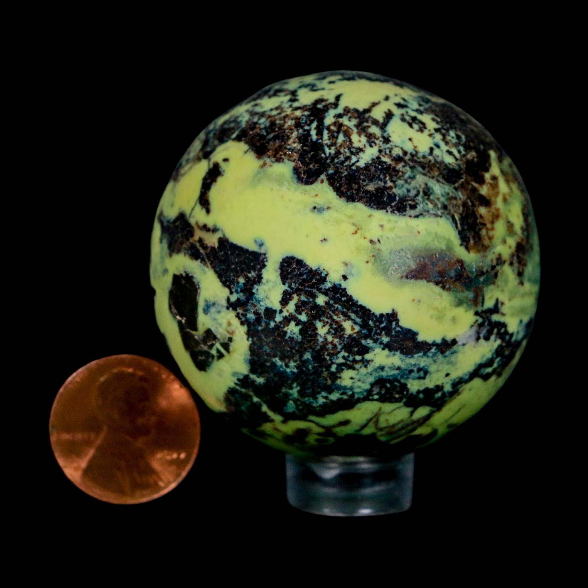 47MM Natural Green & Yellow Serpentine Pyrite Sphere Ball Orb Peru Stand - Fossil Age Minerals
