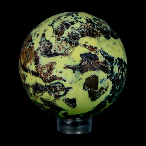 47MM Natural Green & Yellow Serpentine Pyrite Sphere Ball Orb Peru Stand
