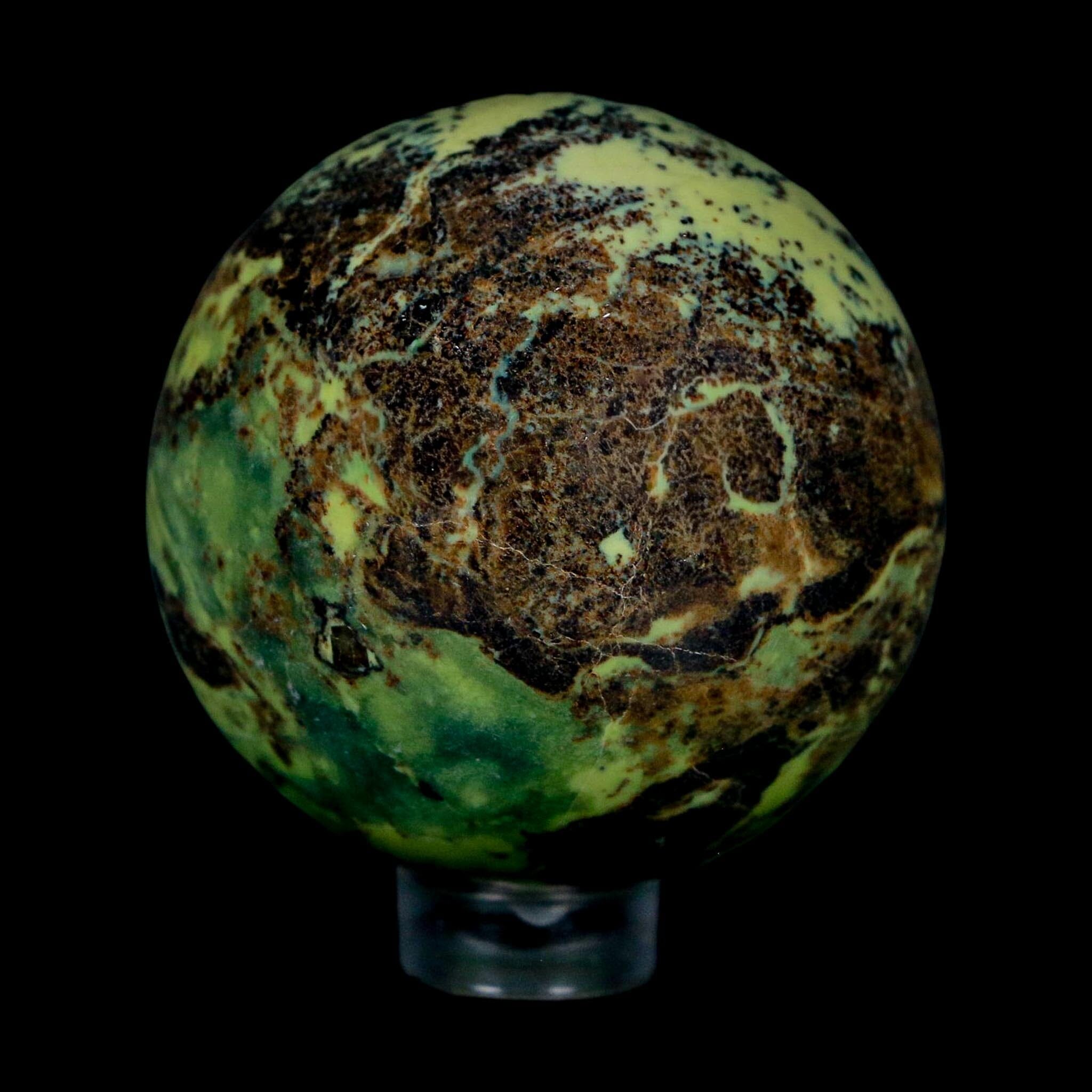 47MM Natural Green & Yellow Serpentine Pyrite Sphere Ball Orb Peru Stand - Fossil Age Minerals