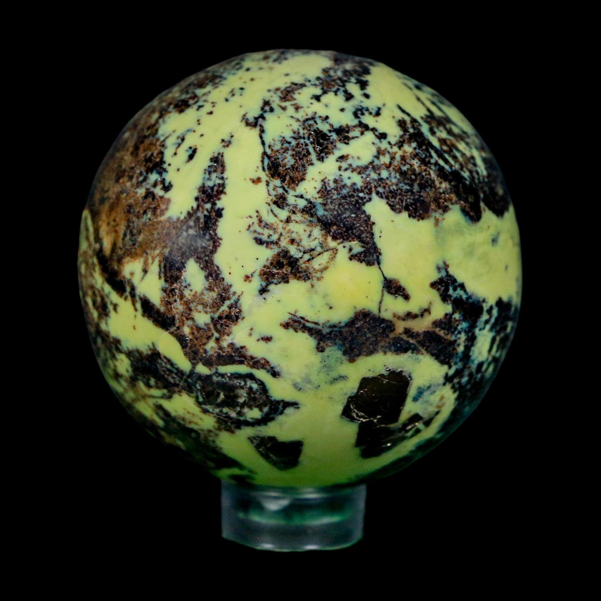 47MM Natural Green & Yellow Serpentine Pyrite Sphere Ball Orb Peru Stand - Fossil Age Minerals