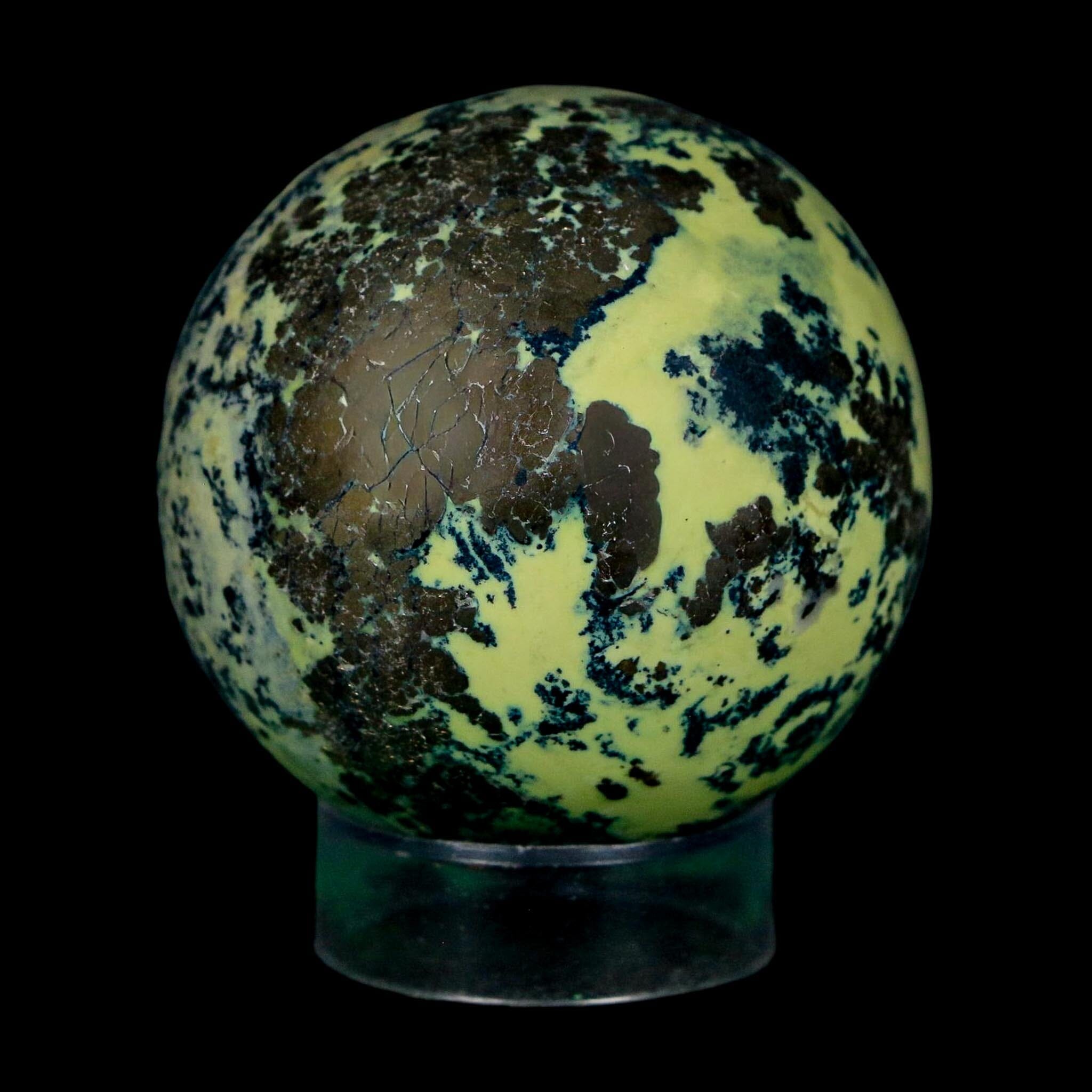 XL 52MM Natural Green & Yellow Serpentine Pyrite Sphere Ball Orb Peru Stand - Fossil Age Minerals
