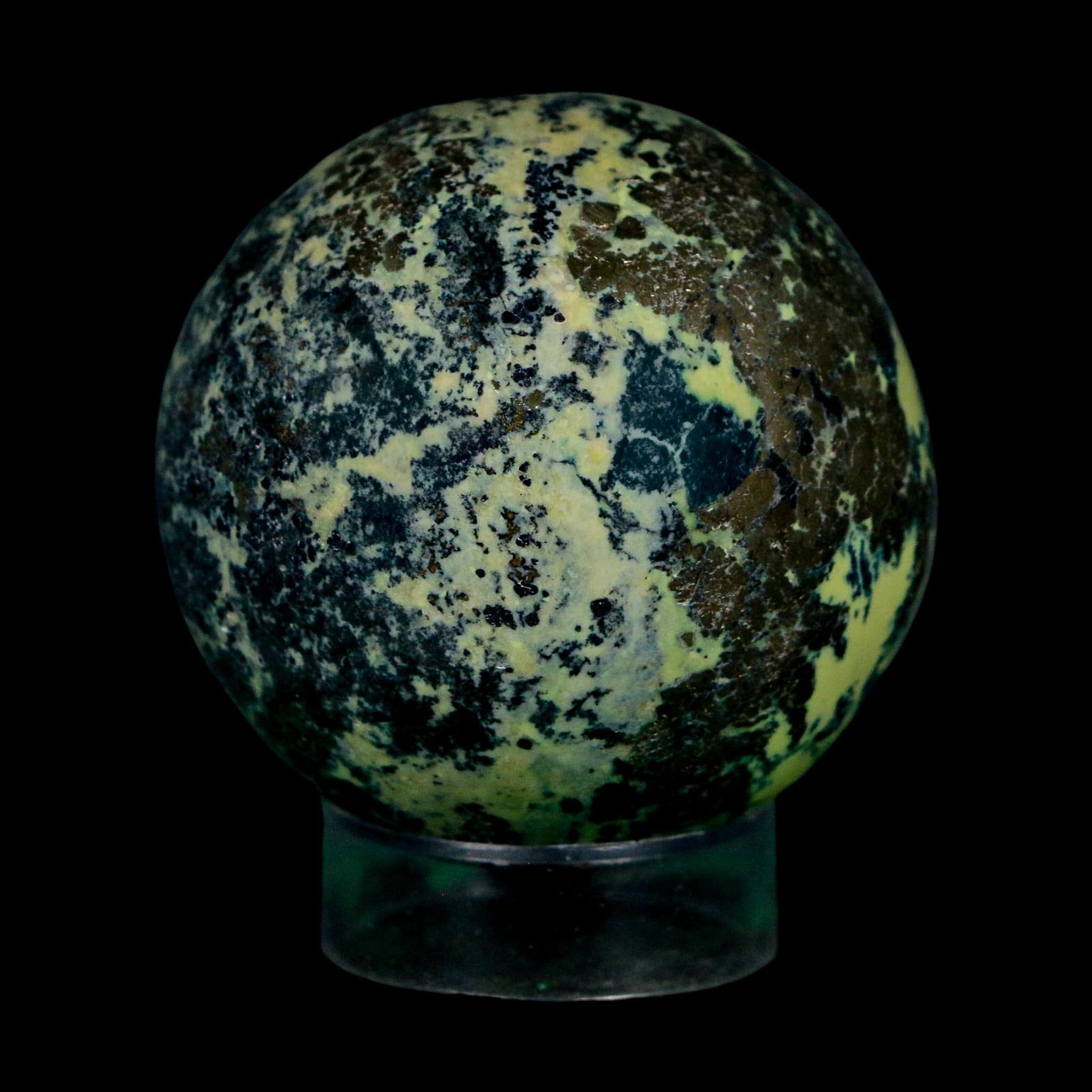 XL 52MM Natural Green & Yellow Serpentine Pyrite Sphere Ball Orb Peru Stand - Fossil Age Minerals
