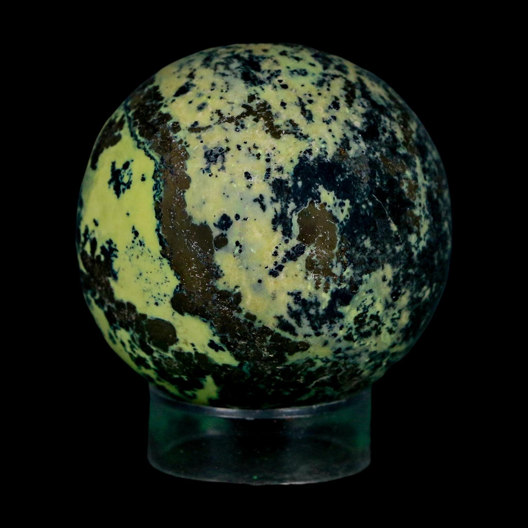 XL 52MM Natural Green & Yellow Serpentine Pyrite Sphere Ball Orb Peru Stand - Fossil Age Minerals