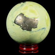 XL 66MM Natural Green & Yellow Serpentine Pyrite Sphere Ball Orb Peru Stand