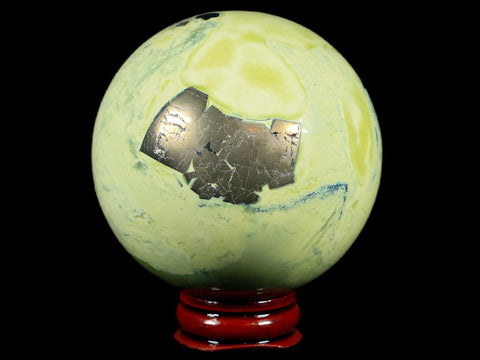 XL 66MM Natural Green & Yellow Serpentine Pyrite Sphere Ball Orb Peru Stand - Fossil Age Minerals