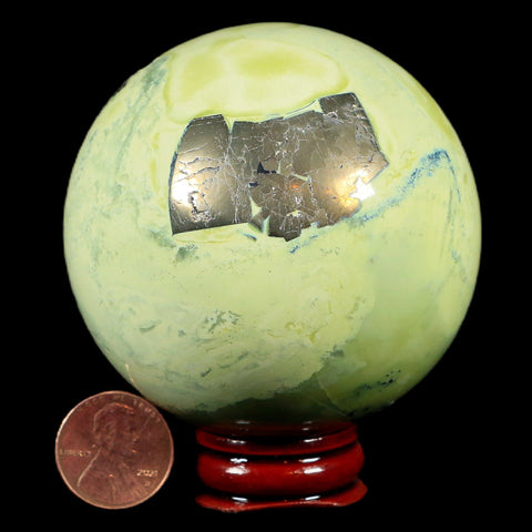 XL 66MM Natural Green & Yellow Serpentine Pyrite Sphere Ball Orb Peru Stand - Fossil Age Minerals