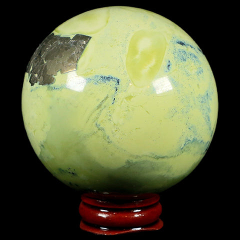 XL 66MM Natural Green & Yellow Serpentine Pyrite Sphere Ball Orb Peru Stand - Fossil Age Minerals