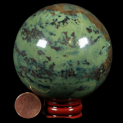 XL 70MM Natural Green & Yellow Serpentine Pyrite Sphere Ball Orb Peru Stand - Fossil Age Minerals