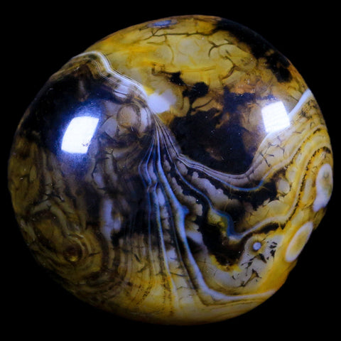 2.1" Polished Yellow Silk Banded Agate Chalcedony Mineral Palm Stone 3.8 OZ - Fossil Age Minerals