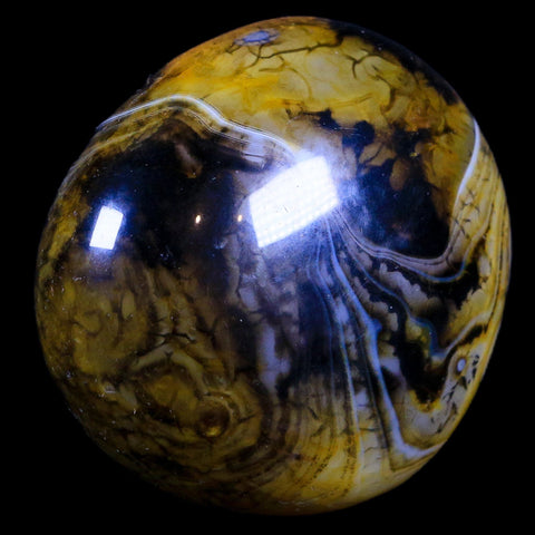 2.1" Polished Yellow Silk Banded Agate Chalcedony Mineral Palm Stone 3.8 OZ - Fossil Age Minerals