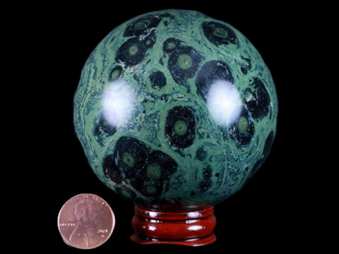 XL 68MM Green Eye Kambaba Jasper Sphere Stromatolite Algae Fossil Peacock Stand - Fossil Age Minerals