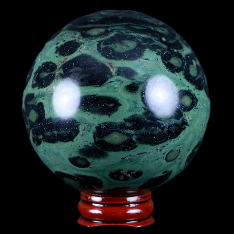 XL 71MM Green Eye Kambaba Jasper Sphere Stromatolite Algae Fossil Peacock Stand - Fossil Age Minerals