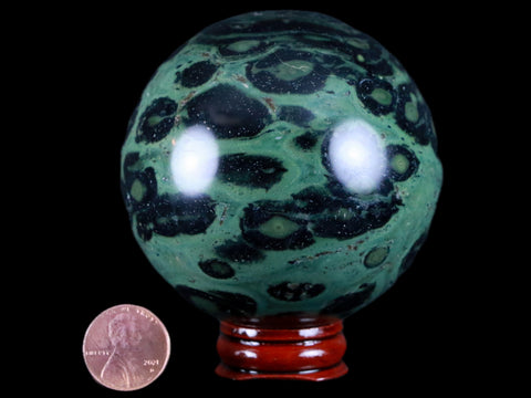 XL 71MM Green Eye Kambaba Jasper Sphere Stromatolite Algae Fossil Peacock Stand - Fossil Age Minerals