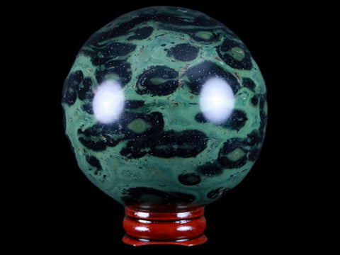 XL 71MM Green Eye Kambaba Jasper Sphere Stromatolite Algae Fossil Peacock Stand - Fossil Age Minerals