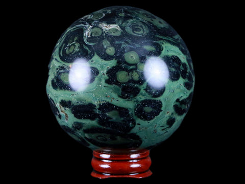 XL 71MM Green Eye Kambaba Jasper Sphere Stromatolite Algae Fossil Peacock Stand - Fossil Age Minerals