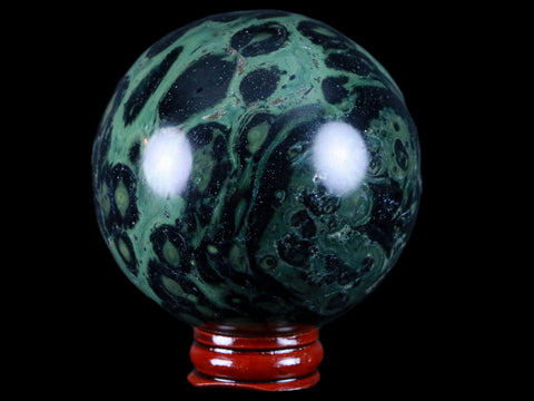 XL 71MM Green Eye Kambaba Jasper Sphere Stromatolite Algae Fossil Peacock Stand - Fossil Age Minerals